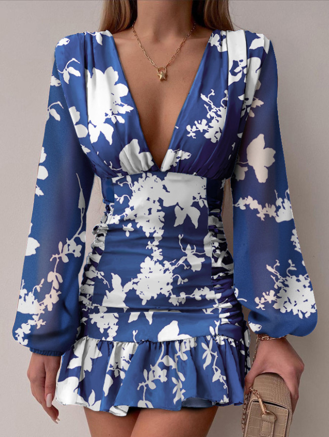 Floral Print Blue Long Sleeves V-Neck Flounce Mini Dress