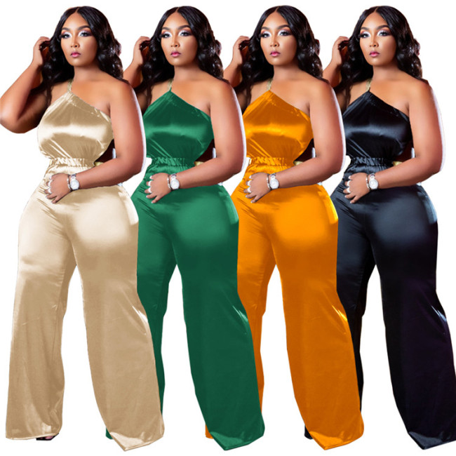 Sleeveless Irregular Satin Summer Women Wide Leg Jumpsuits
