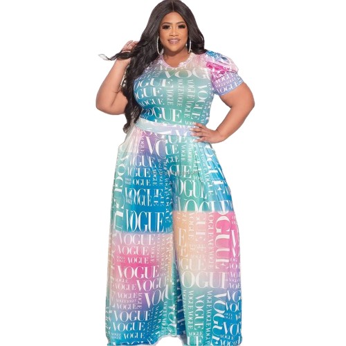 Plus Size Letter Print Gradient T-Shirt and Wide Pants Two Piece Outfits