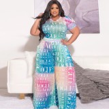 Plus Size Letter Print Gradient T-Shirt and Wide Pants Two Piece Outfits