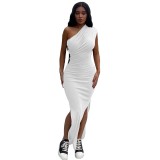 Solid Color One Shoulder Sleeveless Slit Maxi Dress
