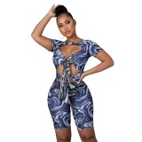Print Mesh Short Sleeves O-Neck Hollow Out Jumpsuit