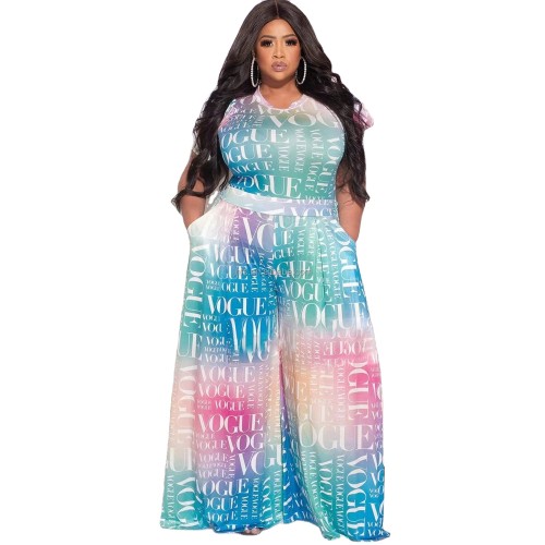 Plus Size Letter Print Gradient T-Shirt and Wide Pants Two Piece Outfits