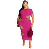 Plus Size Solid Color Hollow Out Short Sleeves Long Dress