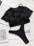 Cami High Cut Bikini and Mesh Short Sleeves Crop Top swimsuit 3PCS Set