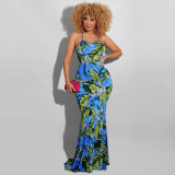 Leaf Print Cami Halter Skinny Maxi Dress