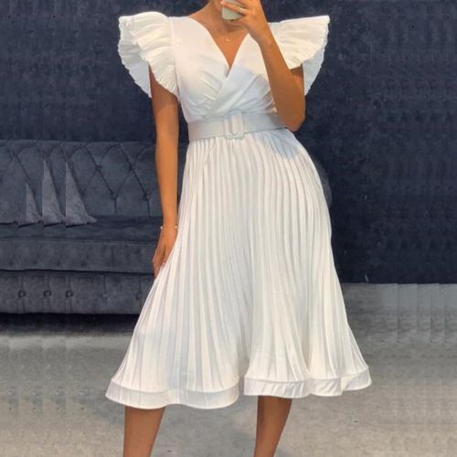 V-Neck Flying Sleeves Midi Pleated Dress