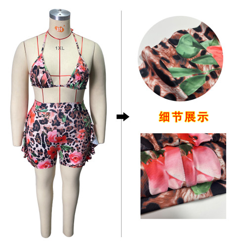 Leopard & Flower Print Plus Size Bikini Set Bra and High Waist Shorts