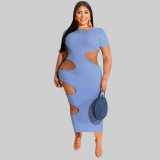 Plus Size Solid Color Hollow Out Short Sleeves Long Dress