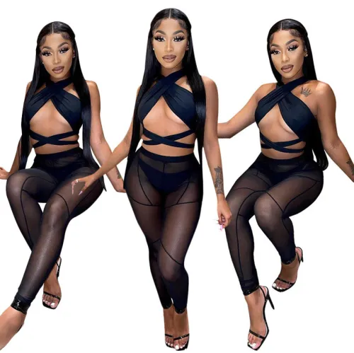 Black Halter Neck Crop Top and Panty with Mesh Pants 3PCS Set