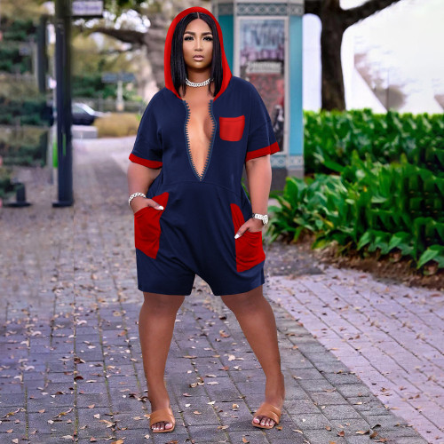 Hot Sale Contrast Color Hooded Casual Plus Size Rompers