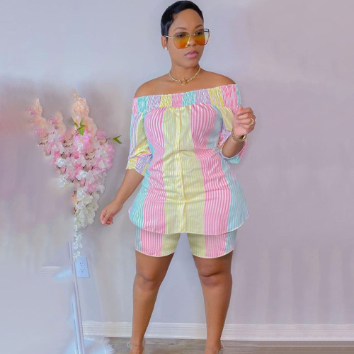Colorful Striped Slash Neck Blouse and Shorts Plus Size Two Pieces
