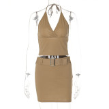 V-Neck Cami Halter Crop Top and Mini Skirt 2PCS Set with Belt