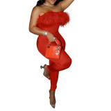 Feather Strapless Slim Fit Jumpsuit