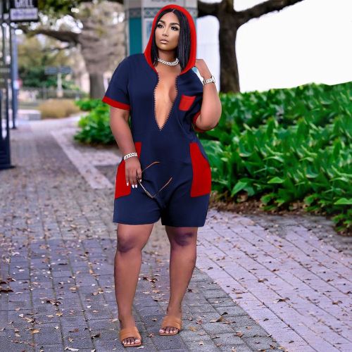 Hot Sale Contrast Color Hooded Casual Plus Size Rompers