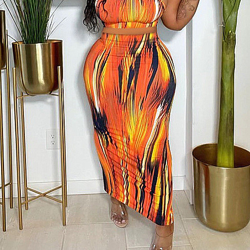 Orange Print Plus Size Long Bodycon Skirt
