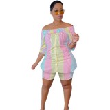 Colorful Striped Slash Neck Blouse and Shorts Plus Size Two Pieces