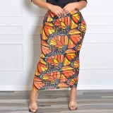 Plus Size Print Orange Slinky Long Skirt