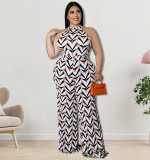 All Over Print Halter Wide Leg Plus Size Jumpsuit with Belt