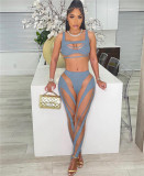 Trendy Mesh Splicing Skinny 2 Piece Outfits Sexy Crop Tank Tops and Pants Set