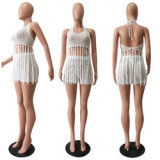 Knitted Hollow Out Tassels Two Piece Shorts Set Beach Cover Up