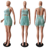 Knitted Hollow Out Tassels Two Piece Shorts Set Beach Cover Up