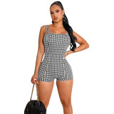 Houndstooth Print Square Neck Sleeveless Tight Tank Rompers