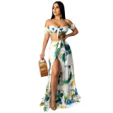 Floral Print Off Shoulder Crop Top and Slit Maxi Skirt 2PCS Set