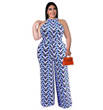 All Over Print Halter Wide Leg Plus Size Jumpsuit with Belt
