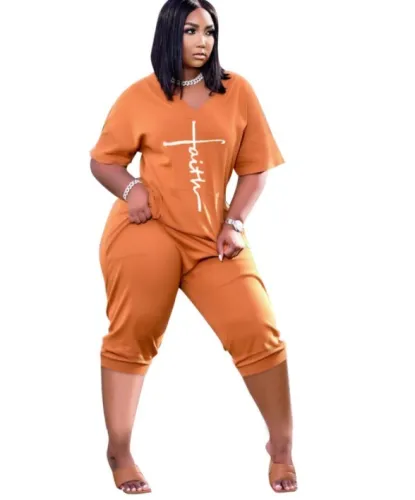 Letter Print Short Sleeves V-Neck Loose Jumpsuit with Pocket