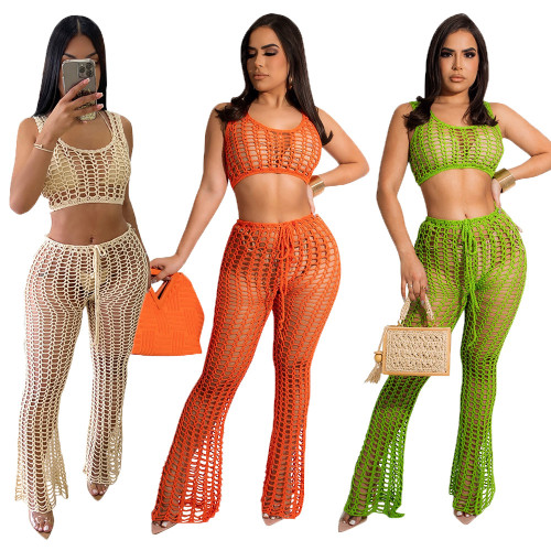 Hollow Out Knitted Tank Top and Pants Two Piece Pants Set Beach Cover Up