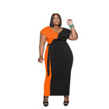 Plus Size Contrast Color O-Neck Ruffle Skinny Maxi Dress