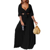 Solid Half Sleeve Tie Front Shirred Top and Loose Wide Leg Pants Summer 2 Piece Set
