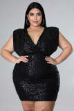 Plus Size Black Sequin Deep-V Sleeveless Bodycon Dress