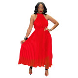 Solid Halter Chiffon Tie Waist Pleated Maxi Dress
