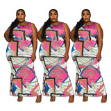 Plus Size Print Pink Sleeveless Long Mermaid Dress