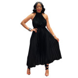 Solid Halter Chiffon Tie Waist Pleated Maxi Dress