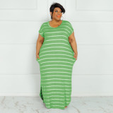 Hot Sale Striped O Neck Short Sleeve Plus Size Slit Long Dress
