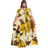 Trendy Floral Print Lapel Half Sleeve Plus Size Maxi Casual Dresses