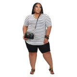 5XL Fashion Striped V-neck Short Sleeve Tee Top & Black Shorts Plus Size Two Piece Set