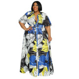 Trendy Floral Print Lapel Half Sleeve Plus Size Maxi Casual Dresses