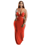 Sexy Summer Solid Backless Deep V Night Club Plus Size Long Party Dress