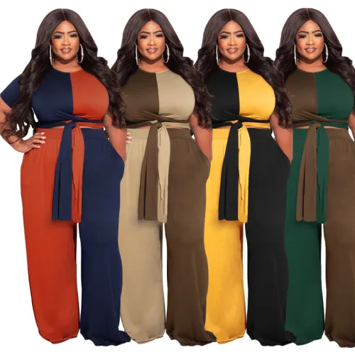 Plus Size 5XL Colorblock Short Sleeve Tie Front Crop Top and Wide Leg Pants Set
