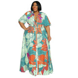 Trendy Floral Print Lapel Half Sleeve Plus Size Maxi Casual Dresses