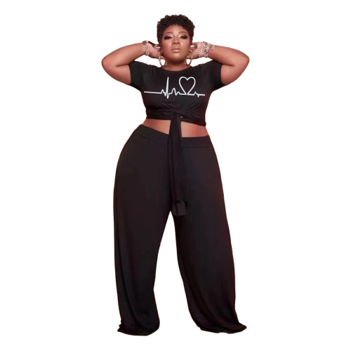 Plus Size Two Piece Set Printed Short Sleeve Tie Belt Top + Solid Wide Leg Pants