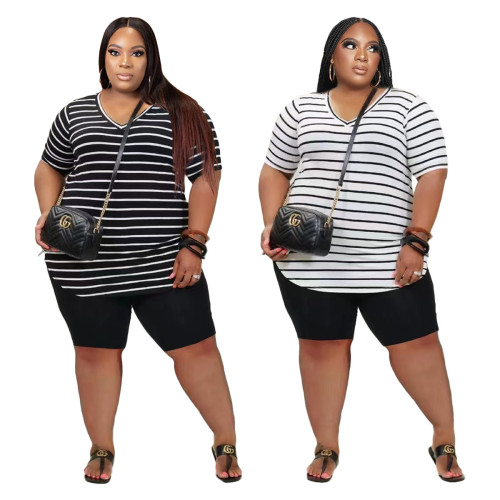 5XL Fashion Striped V-neck Short Sleeve Tee Top & Black Shorts Plus Size Two Piece Set