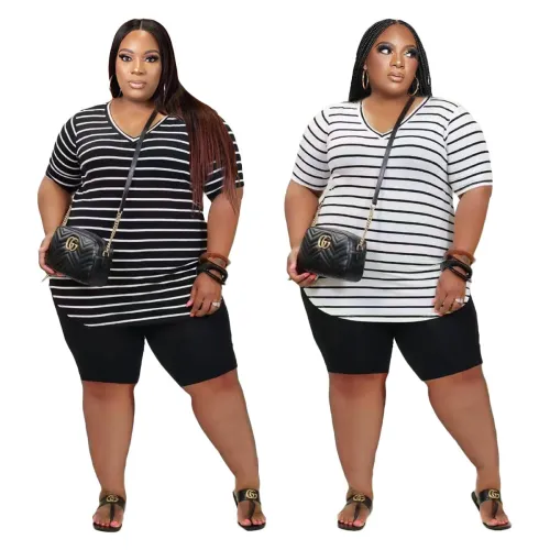 5XL Fashion Striped V-neck Short Sleeve Tee Top & Black Shorts Plus Size Two Piece Set