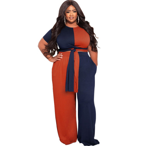 Plus Size 5XL Colorblock Short Sleeve Tie Front Crop Top and Wide Leg Pants Set