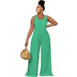 Solid Sleeveless Open Back Wide Leg Loose Jumpsuit