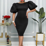 Puff Sleeve O-Neck Midi Pencil Dress